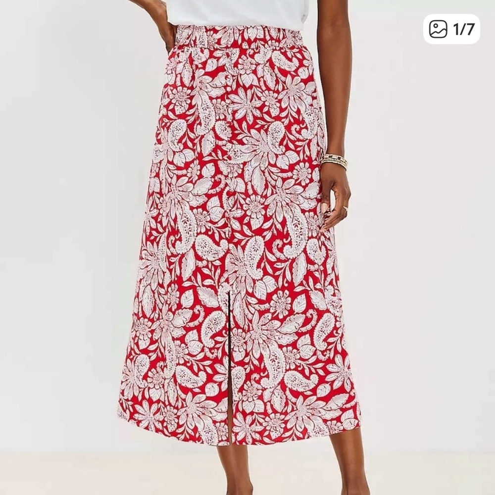 LOFT Red & White Floral Midi Skirt with Front Slit